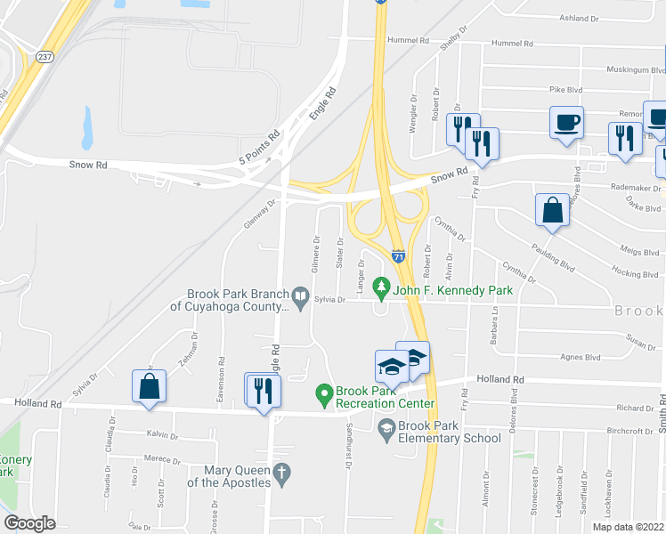 map of restaurants, bars, coffee shops, grocery stores, and more near 6076 Slater Drive in Brook Park