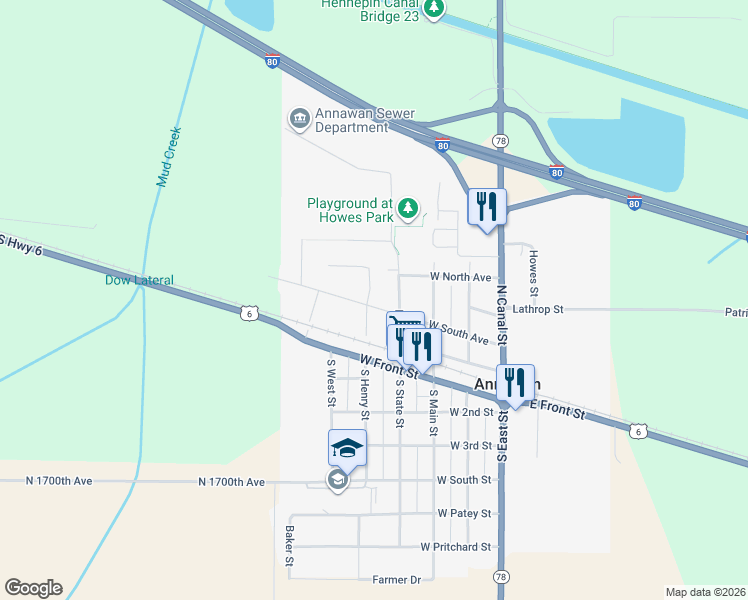 map of restaurants, bars, coffee shops, grocery stores, and more near 406 West South Avenue in Annawan
