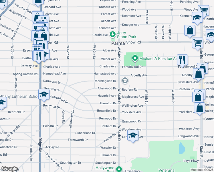 map of restaurants, bars, coffee shops, grocery stores, and more near 5614 Allanwood Drive in Cleveland