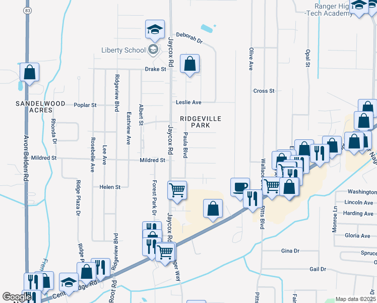 map of restaurants, bars, coffee shops, grocery stores, and more near 4901 James Road in North Ridgeville