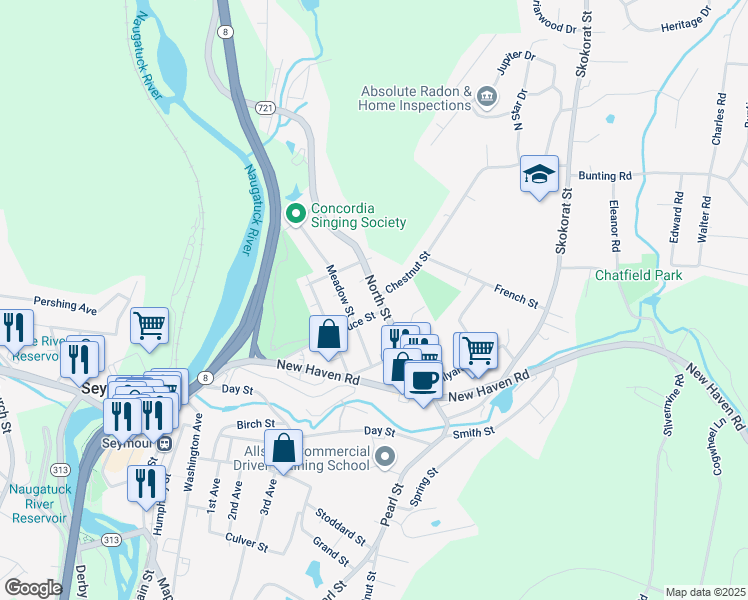 map of restaurants, bars, coffee shops, grocery stores, and more near 94 North Street in Seymour
