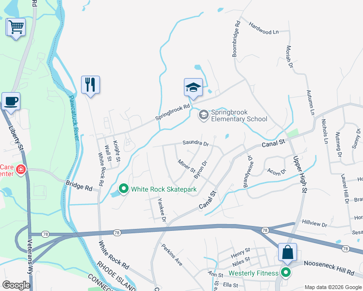 map of restaurants, bars, coffee shops, grocery stores, and more near 22 Saundra Drive in Westerly