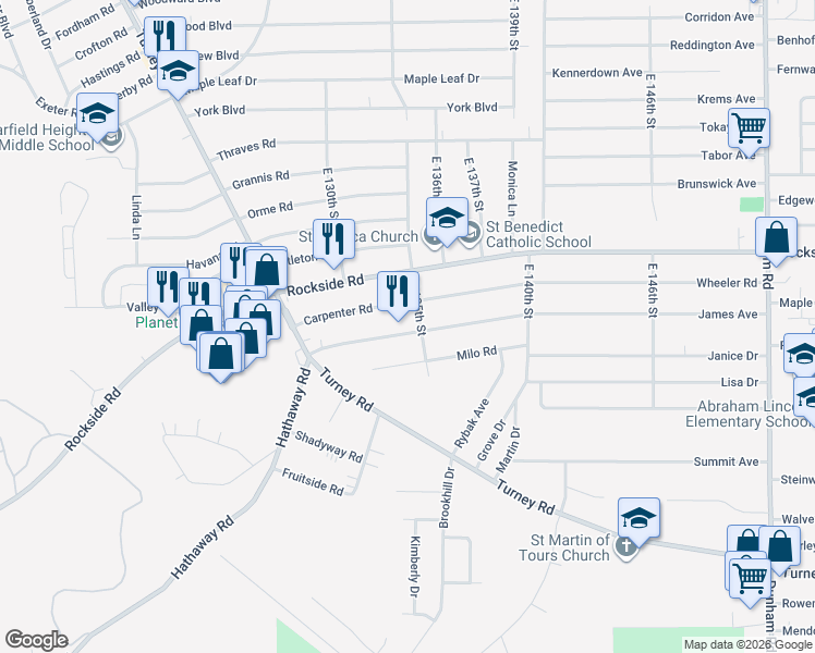 map of restaurants, bars, coffee shops, grocery stores, and more near 13445 Hathaway Road in Garfield Heights