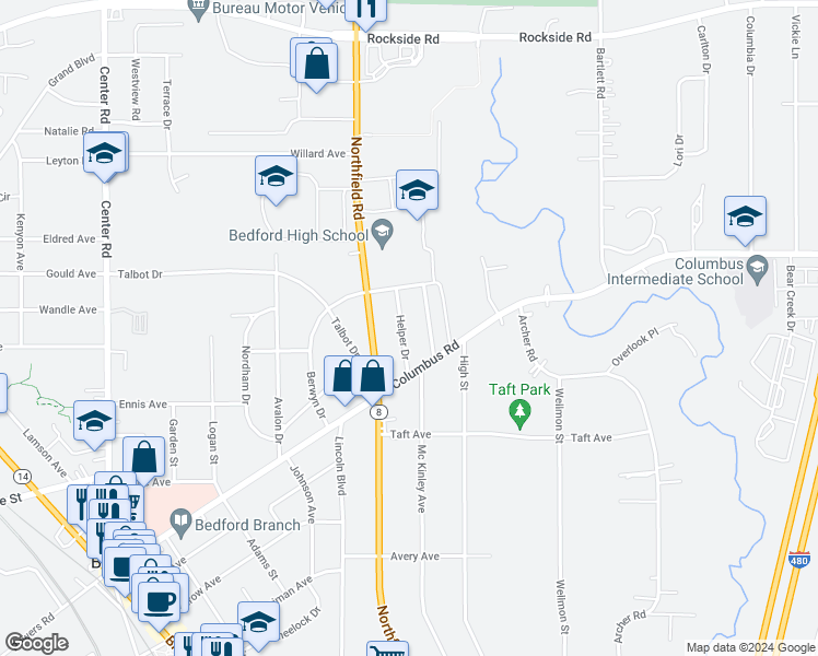 map of restaurants, bars, coffee shops, grocery stores, and more near 571 Helper Drive in Bedford