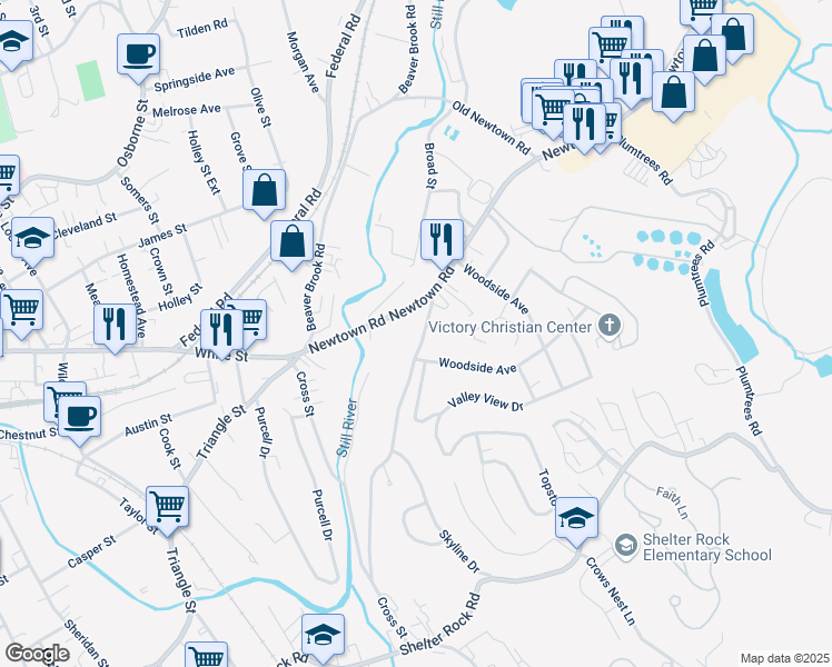 map of restaurants, bars, coffee shops, grocery stores, and more near 4 Old Shelter Rock Road in Danbury
