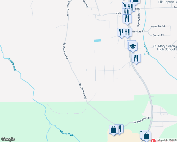 map of restaurants, bars, coffee shops, grocery stores, and more near 1040 Earth Road in Saint Marys