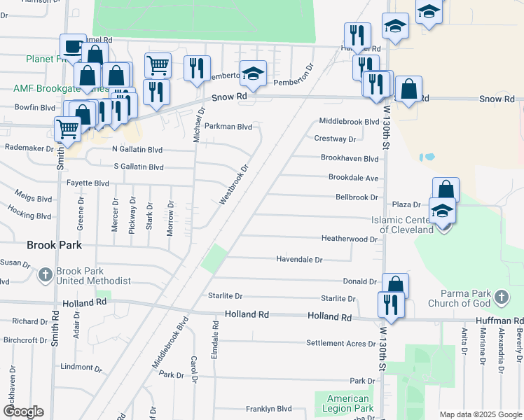 map of restaurants, bars, coffee shops, grocery stores, and more near 13980 Dalebrook Avenue in Brook Park