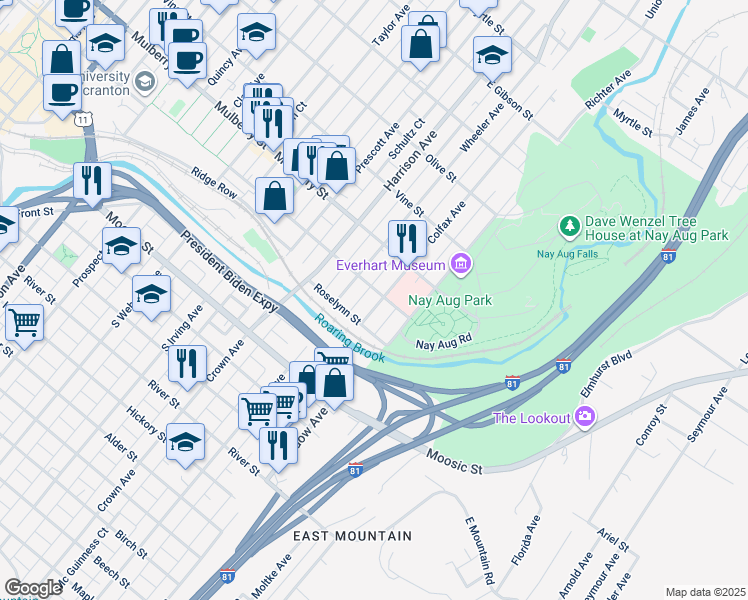 map of restaurants, bars, coffee shops, grocery stores, and more near 237 Colfax Ave in Scranton