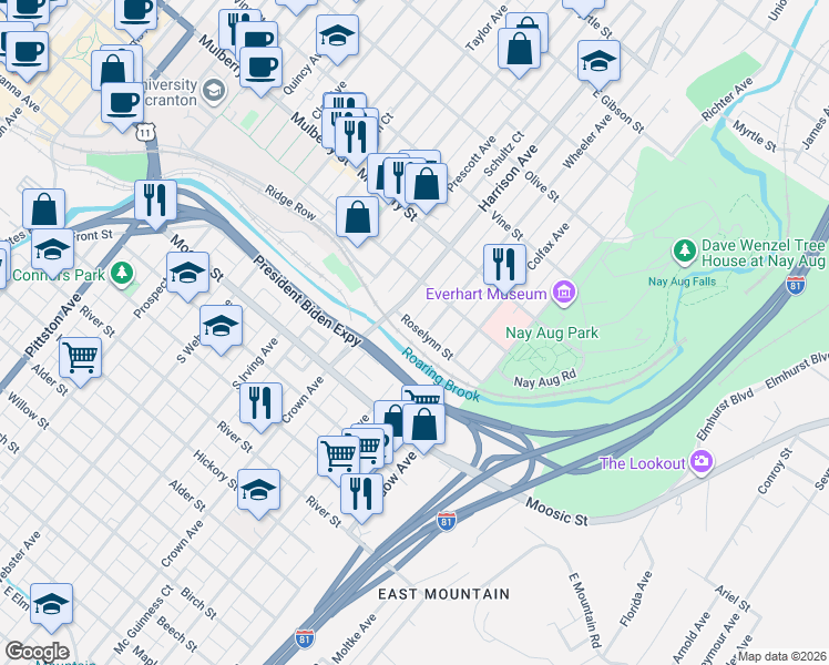map of restaurants, bars, coffee shops, grocery stores, and more near 203 Wheeler Avenue in Scranton