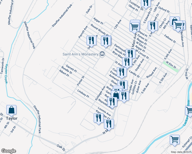 map of restaurants, bars, coffee shops, grocery stores, and more near 1250 Watson St in Scranton