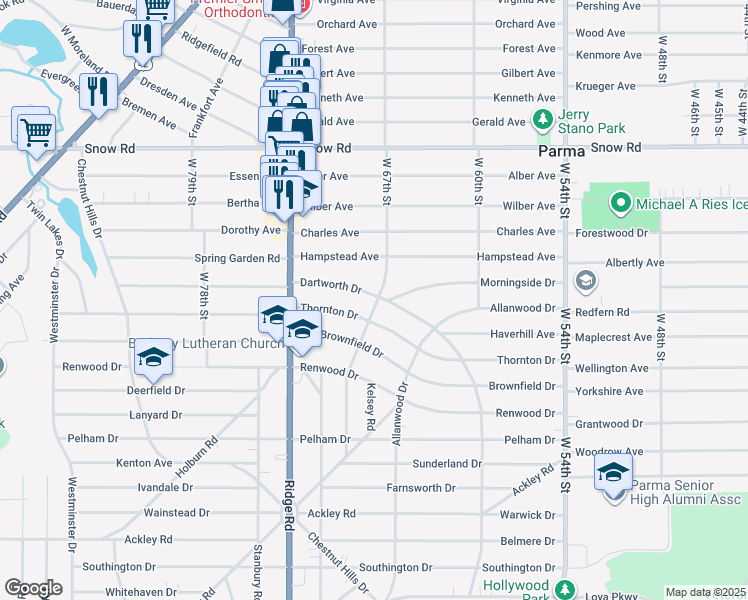 map of restaurants, bars, coffee shops, grocery stores, and more near 6703 Dartworth Drive in Parma