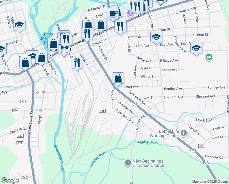 map of restaurants, bars, coffee shops, grocery stores, and more near 107 South Mercer Street in Greenville