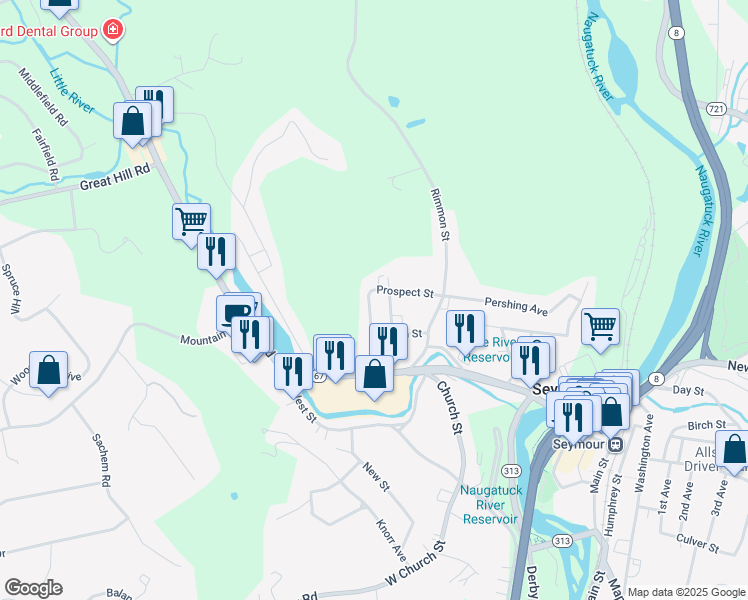 map of restaurants, bars, coffee shops, grocery stores, and more near 56 Swan Avenue in Seymour