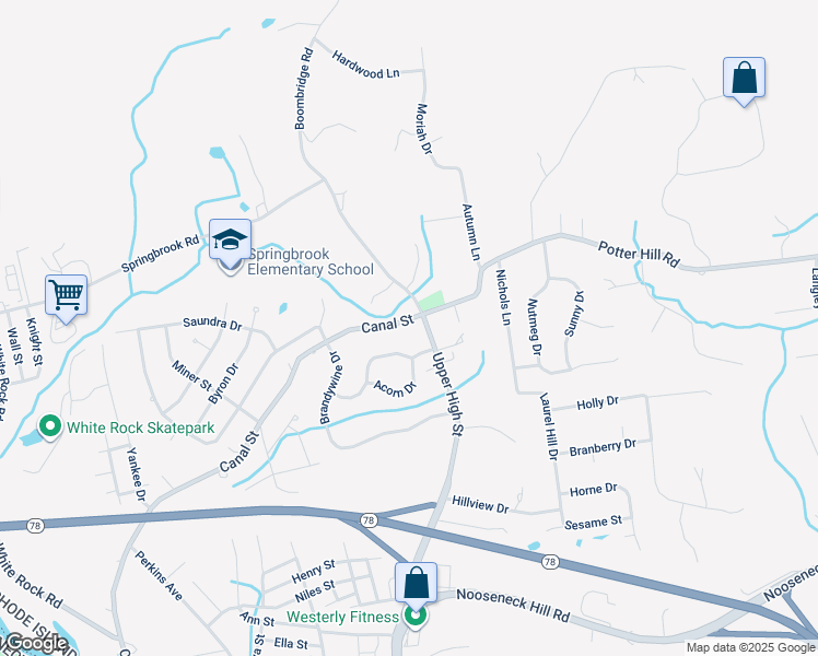 map of restaurants, bars, coffee shops, grocery stores, and more near 223 Canal Street in Westerly