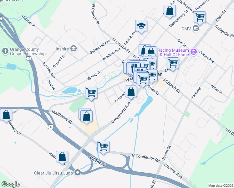 map of restaurants, bars, coffee shops, grocery stores, and more near 14 William Street in Goshen