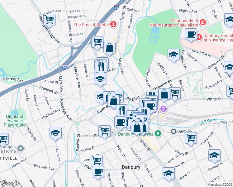 map of restaurants, bars, coffee shops, grocery stores, and more near 16 E Franklin St in Danbury