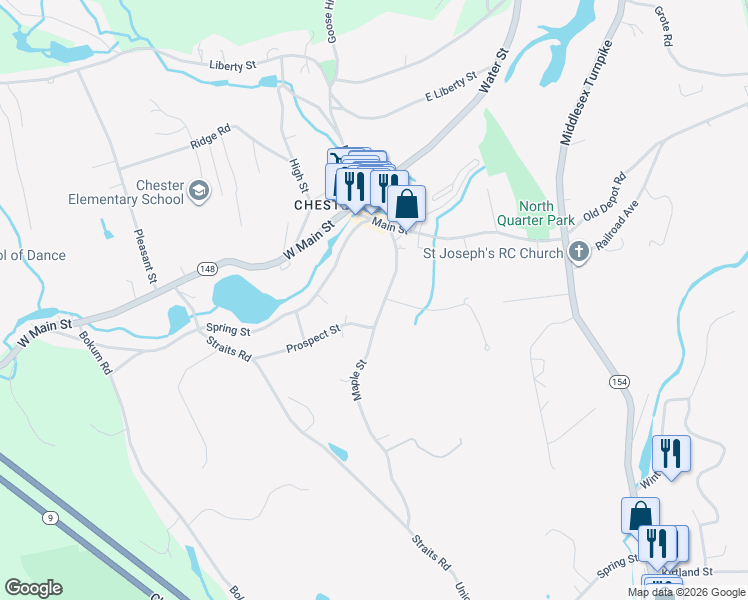 map of restaurants, bars, coffee shops, grocery stores, and more near 34 Maple Street in Chester