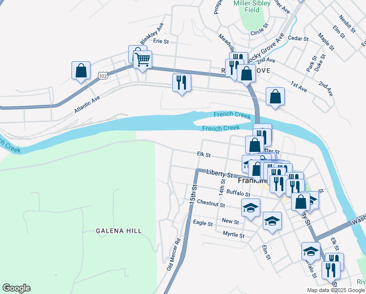 map of restaurants, bars, coffee shops, grocery stores, and more near 1534 Elk St in Franklin