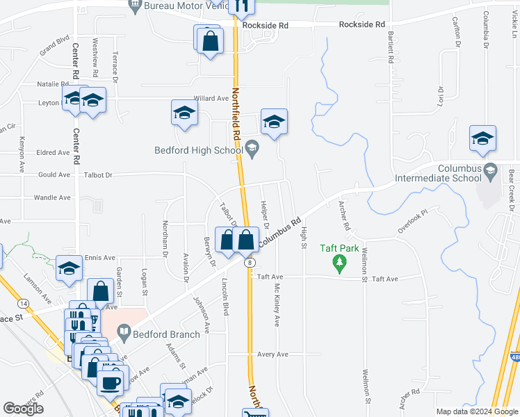 map of restaurants, bars, coffee shops, grocery stores, and more near 568 Helper Drive in Bedford
