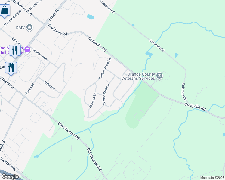 map of restaurants, bars, coffee shops, grocery stores, and more near 11 Fleetwood Drive in Goshen