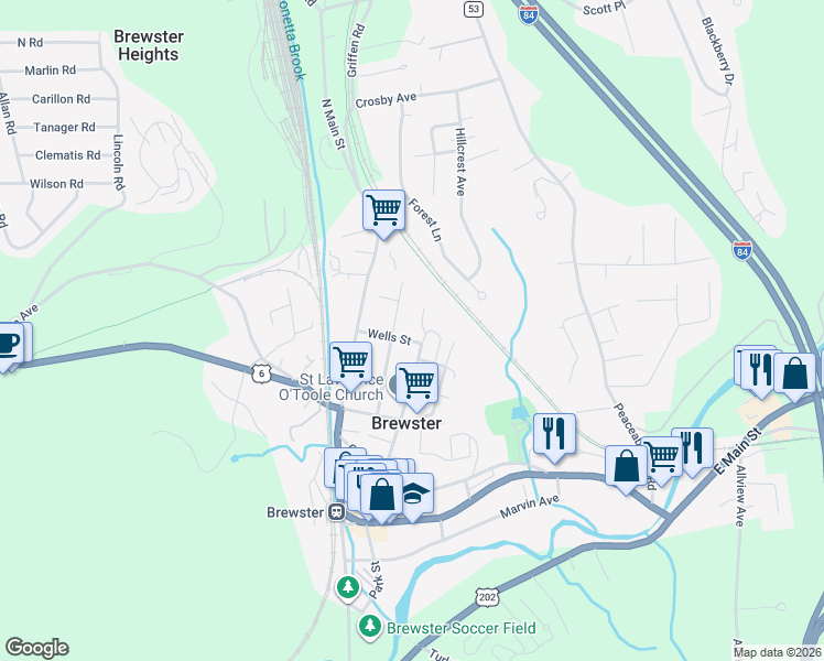 map of restaurants, bars, coffee shops, grocery stores, and more near 3 Wells Woods Lane in Brewster