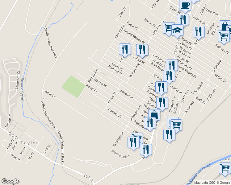 map of restaurants, bars, coffee shops, grocery stores, and more near 1299 Garrett Pl in Scranton