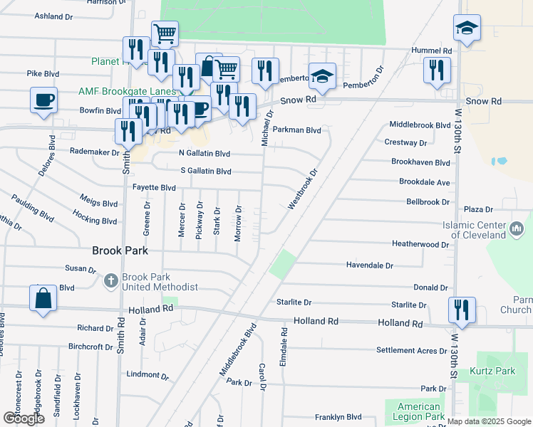 map of restaurants, bars, coffee shops, grocery stores, and more near 6044 Westbrook Drive in Brook Park