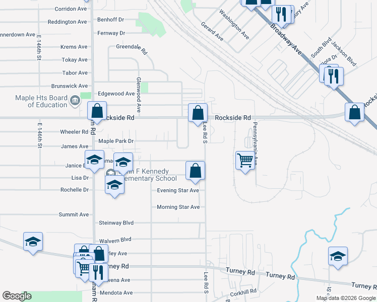 map of restaurants, bars, coffee shops, grocery stores, and more near 16230 South Glenn Drive in Maple Heights