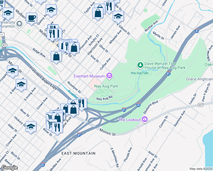 map of restaurants, bars, coffee shops, grocery stores, and more near Nay Aug Rd in Scranton