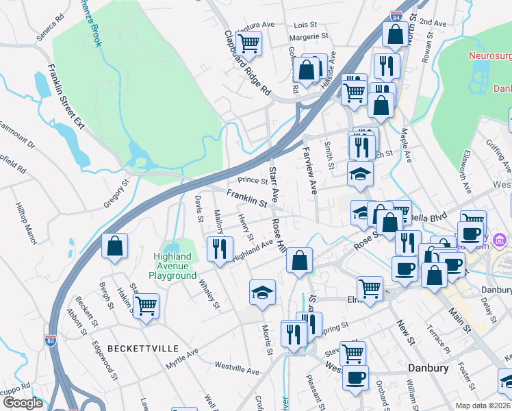 map of restaurants, bars, coffee shops, grocery stores, and more near 80 Franklin Street in Danbury