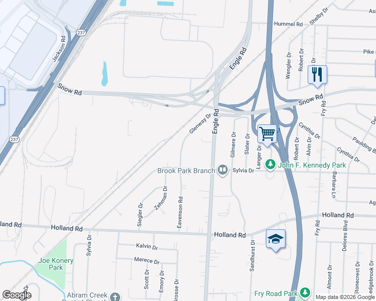 map of restaurants, bars, coffee shops, grocery stores, and more near 6055 Glenway Drive in Brook Park