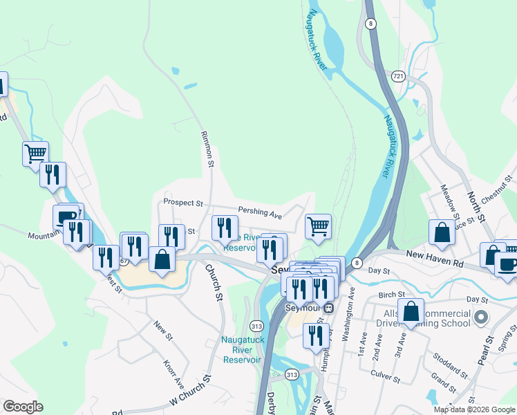 map of restaurants, bars, coffee shops, grocery stores, and more near 35 Pershing Avenue in Seymour