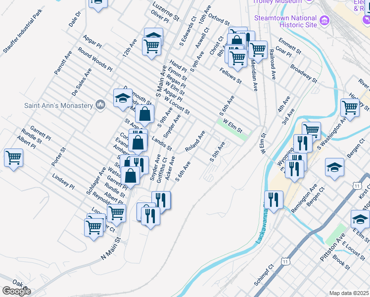 map of restaurants, bars, coffee shops, grocery stores, and more near 1018 Roland Avenue in Scranton