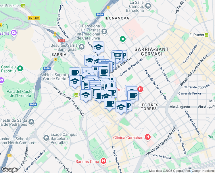 map of restaurants, bars, coffee shops, grocery stores, and more near 340 Via Augusta in Barcelona