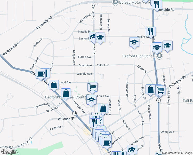 map of restaurants, bars, coffee shops, grocery stores, and more near in Bedford