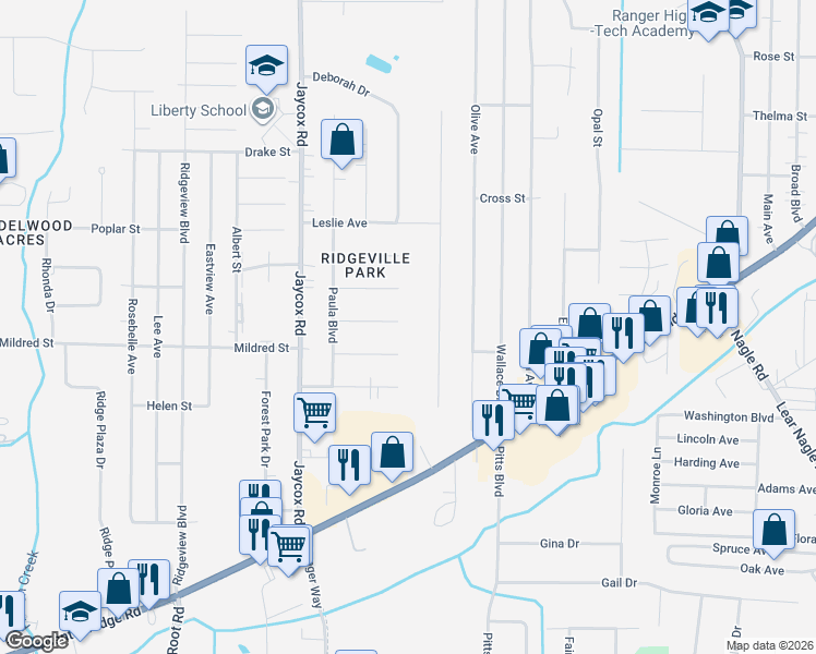 map of restaurants, bars, coffee shops, grocery stores, and more near 4741 James Road in North Ridgeville