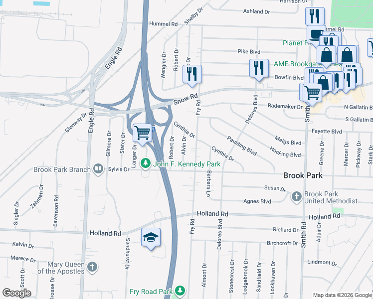 map of restaurants, bars, coffee shops, grocery stores, and more near 6057 Alvin Drive in Brook Park