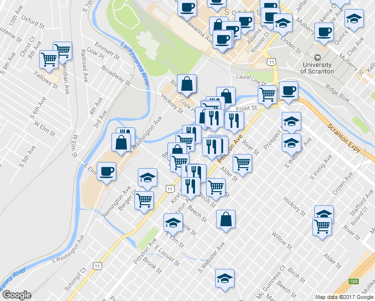 map of restaurants, bars, coffee shops, grocery stores, and more near 618 Cedar Avenue in Scranton