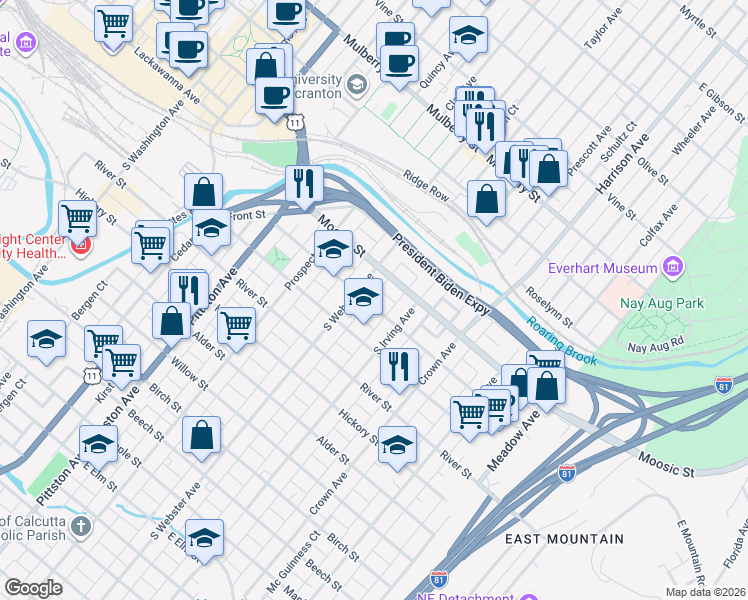 map of restaurants, bars, coffee shops, grocery stores, and more near 723 Hemlock Street in Scranton