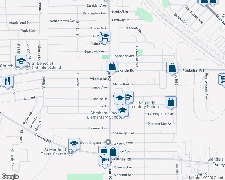 map of restaurants, bars, coffee shops, grocery stores, and more near 5881 Dunham Rd in Maple Heights