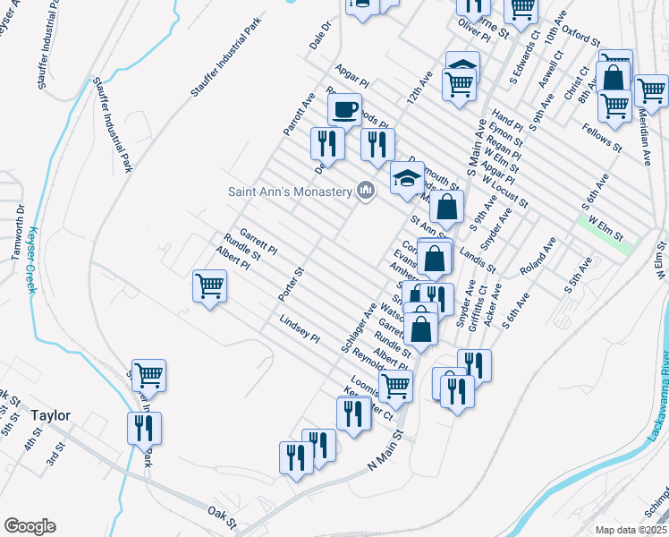 map of restaurants, bars, coffee shops, grocery stores, and more near 1250 Watson Street in Scranton
