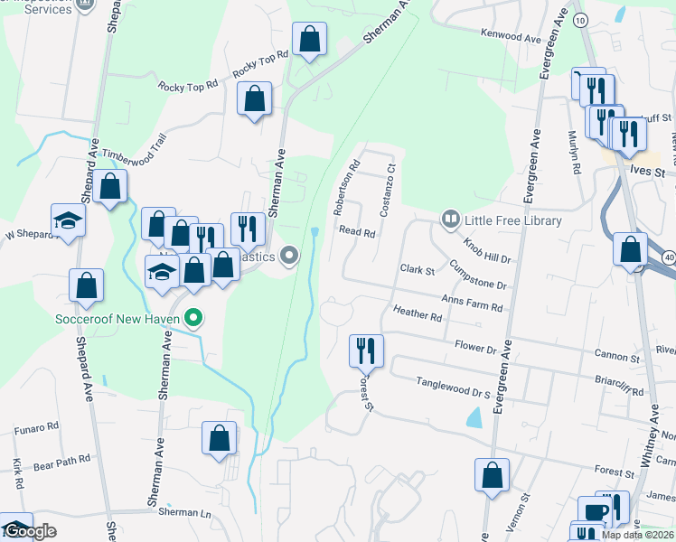 map of restaurants, bars, coffee shops, grocery stores, and more near 232 Anns Farm Road in Hamden