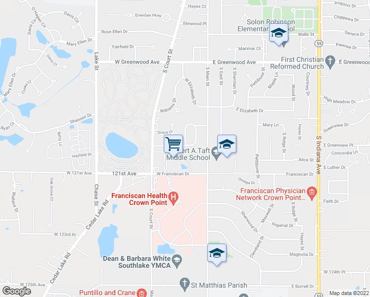 map of restaurants, bars, coffee shops, grocery stores, and more near 125 Crestview Lane in Crown Point