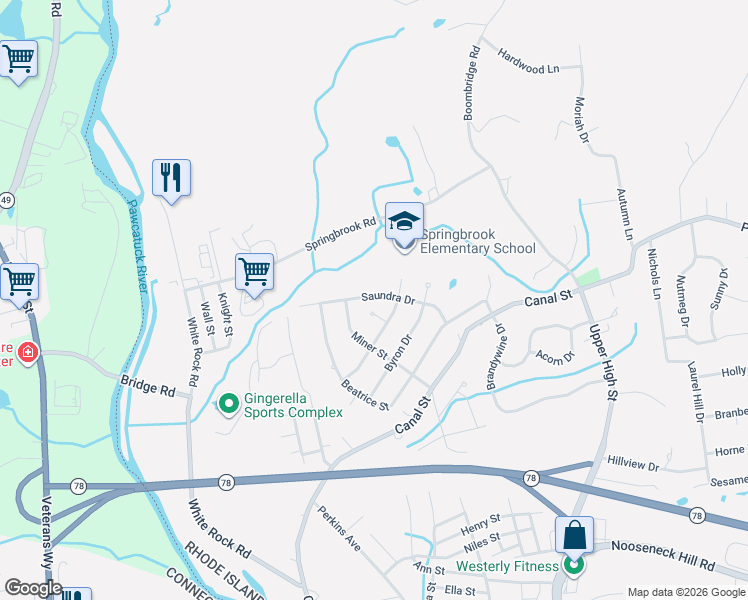 map of restaurants, bars, coffee shops, grocery stores, and more near 24 Spencer Drive in Westerly