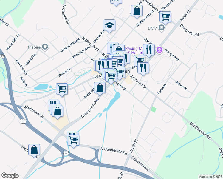 map of restaurants, bars, coffee shops, grocery stores, and more near 183 Greenwich Avenue in Goshen