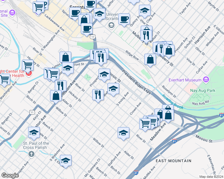 map of restaurants, bars, coffee shops, grocery stores, and more near 723 Hemlock Street in Scranton