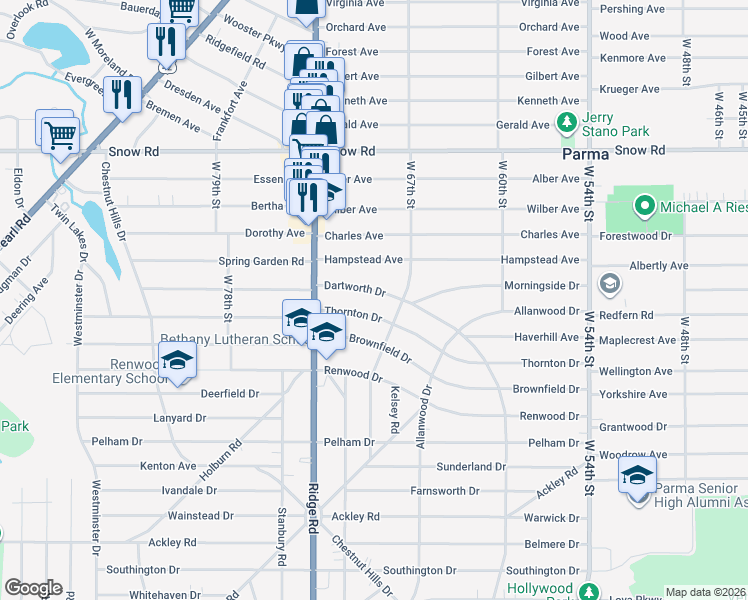 map of restaurants, bars, coffee shops, grocery stores, and more near 6823 Dartworth Drive in Parma