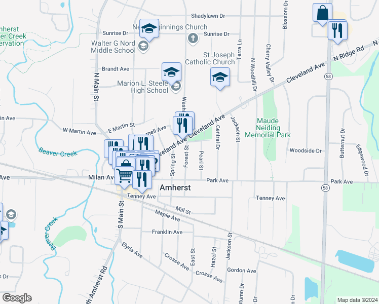 map of restaurants, bars, coffee shops, grocery stores, and more near 133 Forest Street in Amherst