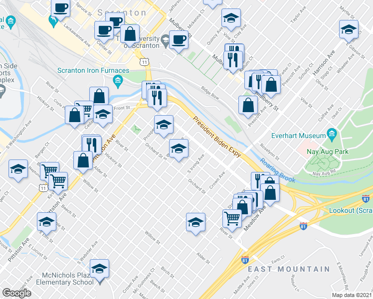map of restaurants, bars, coffee shops, grocery stores, and more near 723 Hemlock St in Scranton