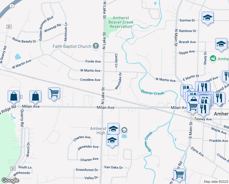 map of restaurants, bars, coffee shops, grocery stores, and more near 175 North Lake Street in Amherst